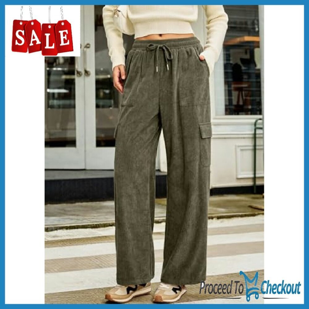Corduroy Cargo Pants High Waist Wide Leg Loose Fit Drawstring - Picture 4 of 8
